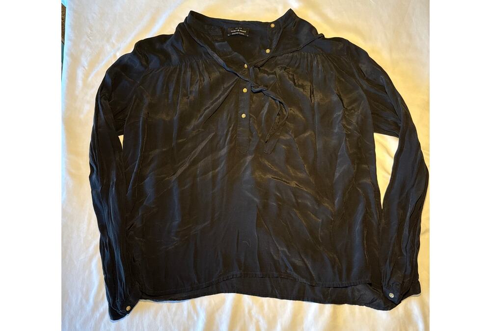 Lucky Brand Womens Black Satin Tie Neck Blouse Long Sleeve High Low Top Sheer